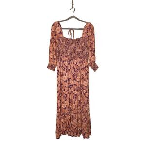 ARULA $80 Boho Floral Smocked Maxi Dress Purple Pink 3/4 Sleeve Tiered 1X